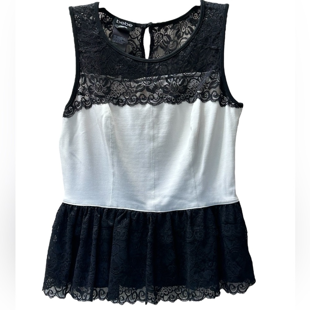 Bebe Y2K Black and White Lace Peplum Ruffle Top Side Zip Sexy Size M - Picture 2 of 12